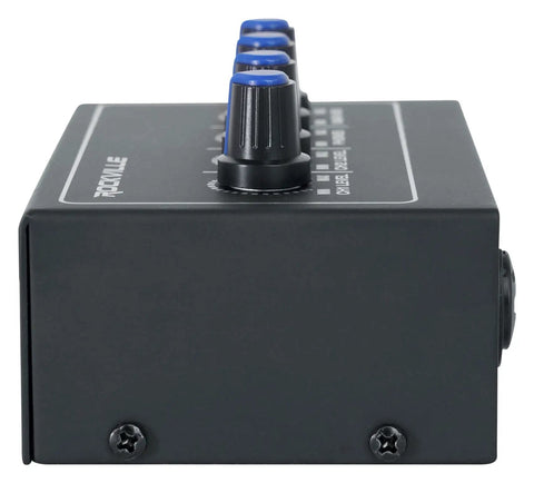 Side view of black Mini 2x2 USB Audio Interface With 24 Bit 192kHz Conversion Plug And Play Ready Phantom Power Bus Powered