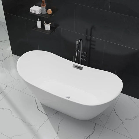 Top Shelf Acrylic Freestanding Soaker Tub Featuring Deep Soaking Pool And Sculpted Curved Backrest For Serious Lumbar Relief And Prime Chill Vibes In Crisp White, top view in a modern bathroom.