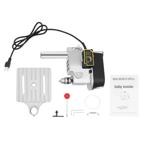 Heavy Duty Mini Bench Drill Press 340W, 3-Speed Corded Table Machine For Woodworking parts and accessories laid out.
