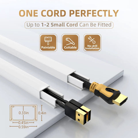 Effortless Wall Cable Hideaway Kit for TVs with self-adhesive covers showing size and compatibility for neat cord management