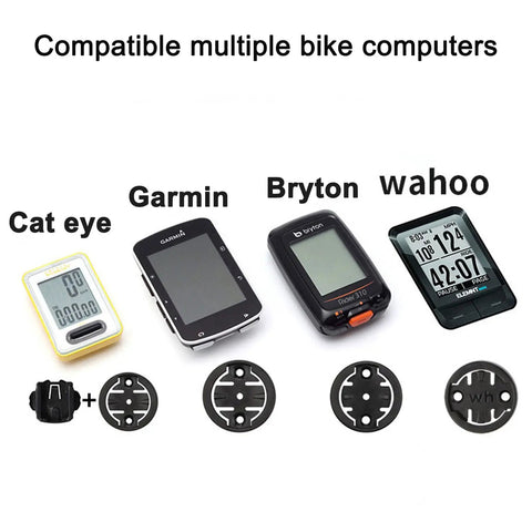 Beefy Adjustable Out Front Bike Computer Mount compatible with Cat Eye, Garmin, Bryton, and Wahoo displayed with mounts.