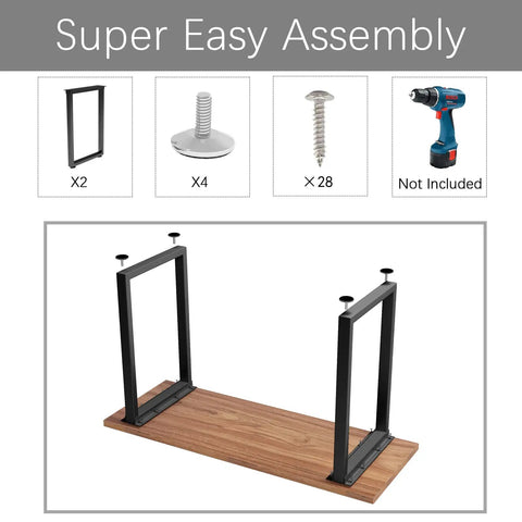 Heavy Duty Metal Table Legs With Adjustable Feet And Floor Protection 28 Inch High 24 Inch Wide Industrial Rustic Desk Or Table Legs Black Set Of 2 Supports Up To 800 Lb with assembly components and drill illustration