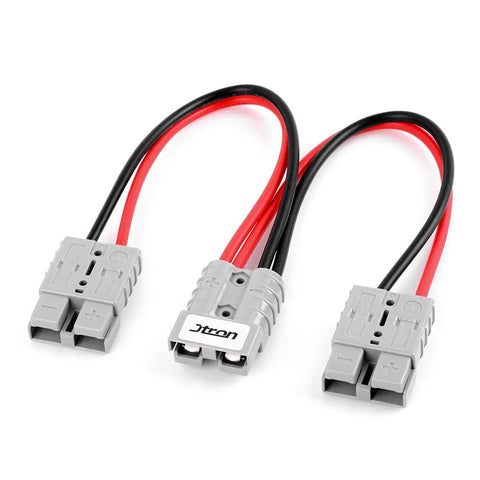 Heavy Duty Forklift Charging Plug With 50 Amp Split Connector And 10 Awg Cable for solid power delivery, featuring red and black wires.