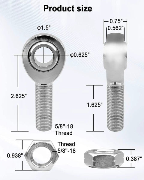 Beefy 5/8 Inch Heim Joint Rod End Kit With Left And Right Hand Threads Chromoly 0.625 Inch Joints Panhard Rod End Kit For Steering And Suspension Traction Bar Use Includes Jam Nuts 2 Pieces, product size diagram