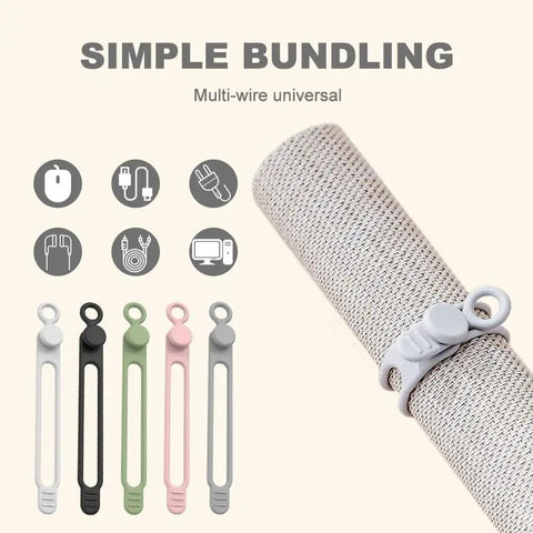 Silicone Cable Organizer Ties For Quick Bundling And Tidy Wires, Reusable Management Set shown in multiple colors with use example.