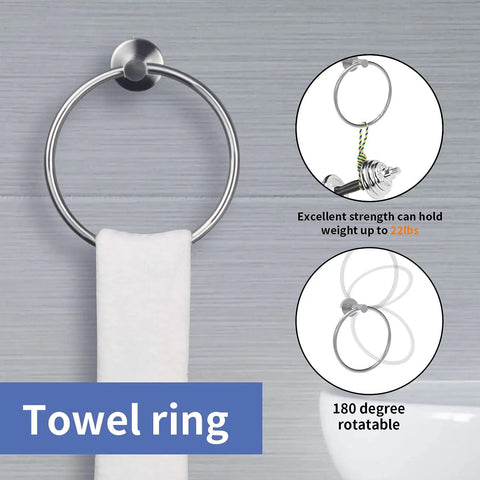 Towel ring from Six Piece Brushed Nickel Bathroom Hardware Set With Wall Mount Includes 23 Inch Towel Bar 17 Inch Towel Bar Toilet Paper Holder Towel Ring And 2 Hooks Made From SUS304 Stainless Steel Built Tough Rust Resistant For A Modern Bathroom Upgrade, shown holding a white towel, excellent strength and 180° rotatable feature visible.