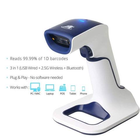 Wireless Portable 1D Bluetooth Barcode Scanner With Stand Handheld 3 In 1 Cordless Rechargeable Scan Gun For Inventory USB Reader 1D Only Go To Tool For Retail Stock Checks And Warehouse Use displayed on stand