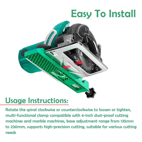 Adjustable Cutting Machine Base Guide With Extended Length Positioning Clamp For Circular Saws shown in green with usage instructions.