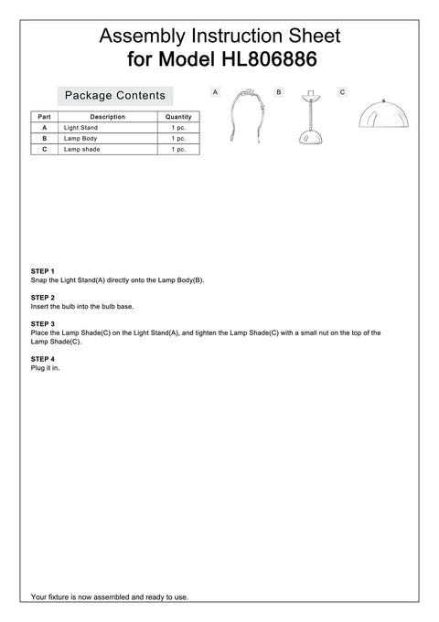 Assembly instruction sheet for LED Table Lamp With Plug In Cord Minimalist Wrought Iron Hemisphere Desk Light.