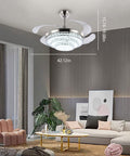 Dope Modern K9 Crystal Ceiling Fan With Lights And Remote in living room, 42in diameter, LED chandelier, retractable acrylic blades.