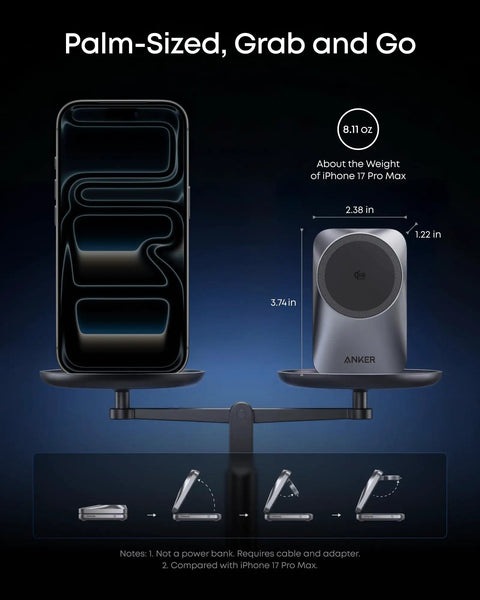Prime 3 In 1 Wireless Charging Station With AirCool Tech showing size and weight comparison to iPhone 17 Pro Max