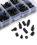 300 Pack Black Nylon Hex Standoff Spacer Nuts Kit For Screws Insulation Non Conductive High Temp Resistance Ideal For Home Electronics And Comm Gear Projects. Black nylon hex standoffs and screws in organizer tray