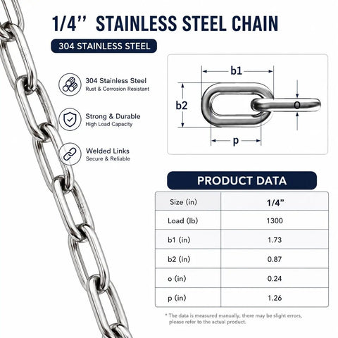 Beefy Quarter Inch Six Foot Grade 304 Stainless Steel Link Chain For Towing And Anchoring dimensions and specifications display.
