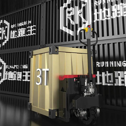 Heavy Duty Electric Pallet Jack With Lithium Battery 6600 Lbs Capacity Fork Truck For Warehouse Jobs Easy操控 Multi-Function Handle And Powerful Motor with gold container.