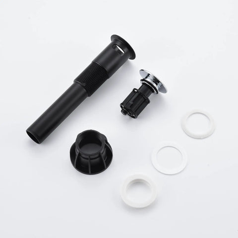Heavy Duty Chrome Pop Up Bathroom Sink Drain With Overflow Stopper, black unit with fittings and washers for smooth use.