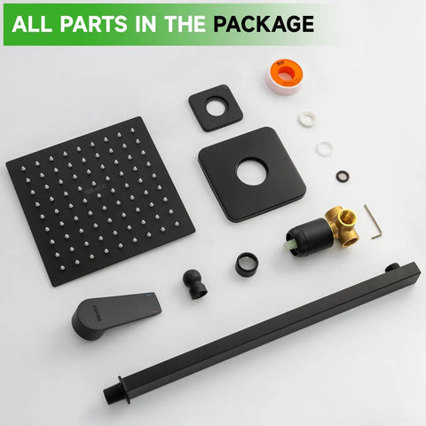 Heavy Duty Eight Inch Rain Shower Head And Matte Black Faucet Set Crafted From Solid Brass And Tough 304 Stainless Steel all parts in the package