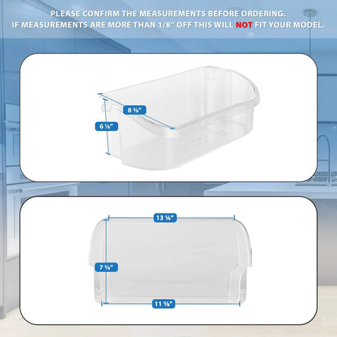 Image showing measurements of the Upgraded Lifetime Door Bin Shelf For Refrigerator Replacement, clear and ultra durable.