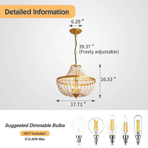 Detailed view of Three Light Boho Wood Beaded Gold Chandelier for Rustic Farmhouse Style Pendant Light Fixture with Cozy Vibe and Warm Glow