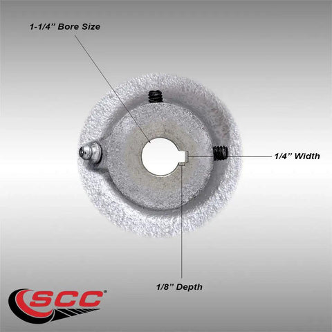Heavy Duty 10 Inch By 3 Inch Rubber Tread Cast Iron Drive Wheel With 1 1 4 Inch Plain Bore And Two 5 16 Set Screws detail view showing bore size and dimensions.