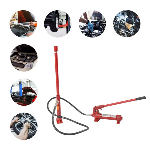 Heavy Duty 4 Ton Hydraulic Ram Auto Body Frame Repair Kit showcasing the lifting ram and hose for truck shop use.