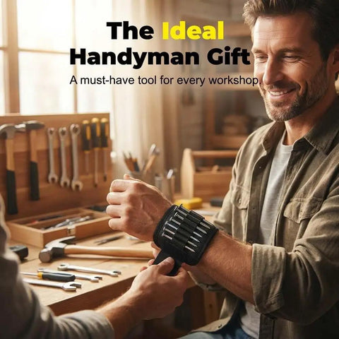Adjustable Magnetic Wristband For Screws Nails And Small Tools Perfect For Mechanics Handymen And DIYers Keeps Tiny Parts Secure On Your Wrist For Quick Access And Faster Builds With Pro Grade Convenience. black adjustable magnetic wristband on wrist in workshop