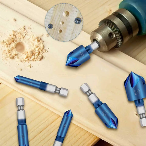 Killer Six Piece Countersink Drill Bit Set With One Quarter Inch Hex Shank And Slick Ninety Degree Chamfering Design, shown in use on wood.