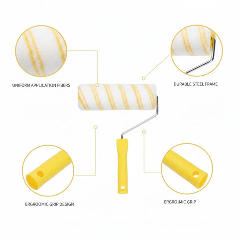 Heavy Duty Synthetic Fiber Paint Roller Cover With Dual Yellow Guide Strips features ergonomic grip and durable steel frame.