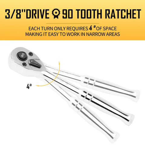 Three Eighth Inch Drive Ratchet With 90-Tooth Quick Release, Four Degree Swing, Reversible Handle, Chrome Alloy Finish, Pro Grade Chrome Vanadium Build, Durable And Easy To Clean For Auto, Home, And DIY Repairs, 3/8-inch drive ratchet