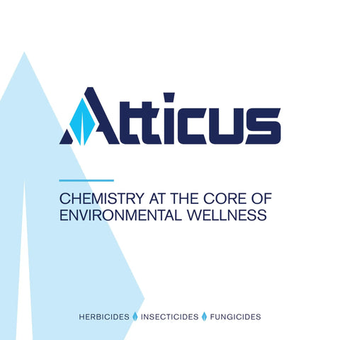 Atticus logo with tagline 'Chemistry at the Core of Environmental Wellness'. Herbicides, Insecticides, Fungicides are listed.