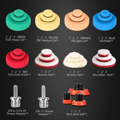 29 Piece Drill Buffing Pad Kit With 5/8-11 Backing Pad Threads And Adapters featuring mixed wool and foam pads for car detailing