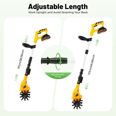 Cordless Garden Tiller Cultivator 250RPM Portable Electric Rototiller adjustable length with batteries and charger included