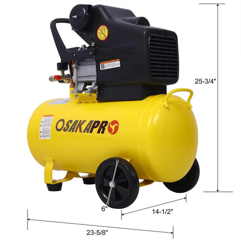 Top Rated 3.5HP Quiet Air Compressor With 10 Gallon Oil Lubricated Horizontal Tank And 115 PSI Pressure Output, yellow tank with wheels.