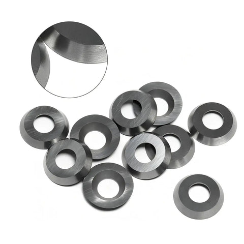 18mm Round Carbide Insert Blades For Wood Lathe Turning 10 Pcs shown from above, featuring sleek steel design for precision cutting.