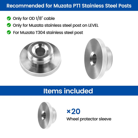 20 Pack Level Wheel Cable Railing Grommets For One Eighth Inch OD Wire Rope On Level Metal Posts CR72 With Pro Grade Protector Sleeves, set of 20 stainless steel grommets displayed.