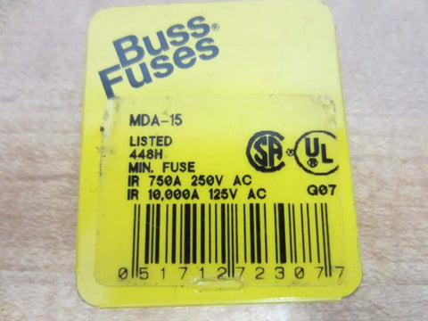 Yellow label of Buss Fuses with UL listing information for 15 Amp Time Delay Ceramic Tube Fuse 250V UL Listed 5 Inch Tin Pack Of 5 For Electronics And Industrial Panels Slow Blow Style For Power Supplies Circuit Protection And Renewable Equipment