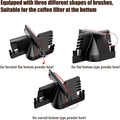 Electric Portafilter Cleaner And Automatic Knock Box Engineered For 58Mm Espresso Machines Featuring Rapid Ground Disposal and Smart Safety Triggers. Three brush shapes for different powder bowl types.