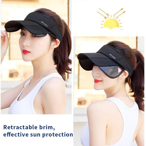 Women Sun Visor Hat With Retractable Brim And Adjustable Fit For Golf Beach And Tennis Use shown on woman outdoors, black color