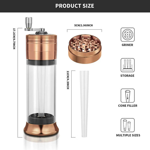 3-In-1 Spice Grinder With Hand Crank, Roller Crusher And Cone Filler shown with size dimensions and copper color aluminum body.