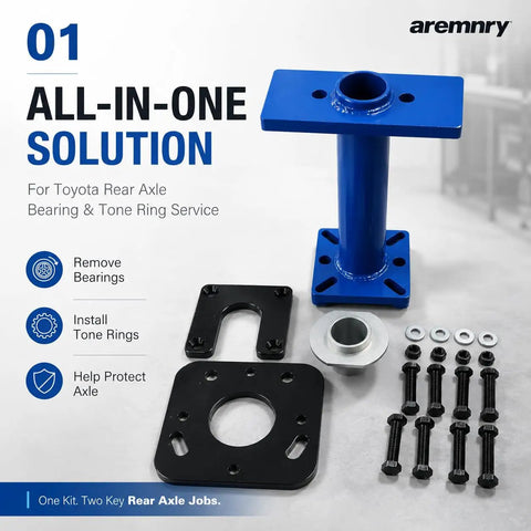 Pro Grade Wheel Bearing Removal Tool Rear Axle Puller Installer Kit With Abs Tone Ring Fits 1995 2020 Toyota Tacoma Tundra 4Runner Hilux 100mm To 140mm 4 Bolt Circle Blue Beast Mode Garage To Knock Out Jobs Fast No Stress At All blue rear axle bearing puller kit with bolts