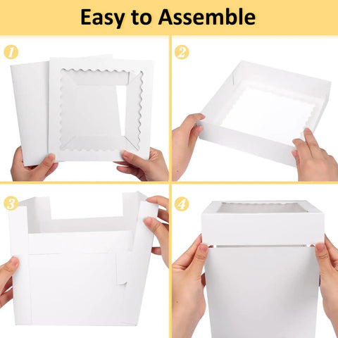 Instructions for assembling 5 Pack 8 Inch Cake Boxes Built Tough With Heavy Duty Cardboard And Big Clear Window.