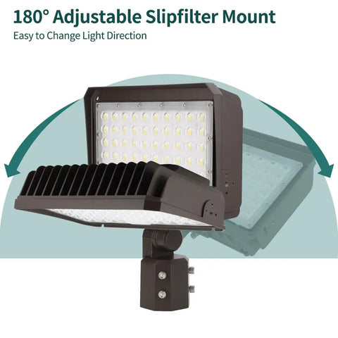 Ultra Bright LED Flood Light With Dusk To Dawn Photocell, 150W Adjustable to 100W and 75W, featuring 180-degree slip fitter mount