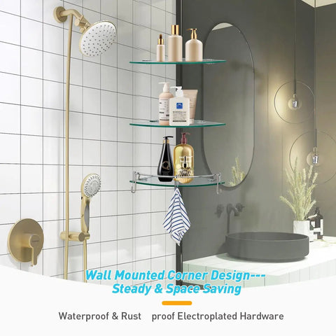 Glass Shower Shelves Three Tier Corner Organizer With Hangers in bathroom, wall-mounted, stainless steel and glass shelves.