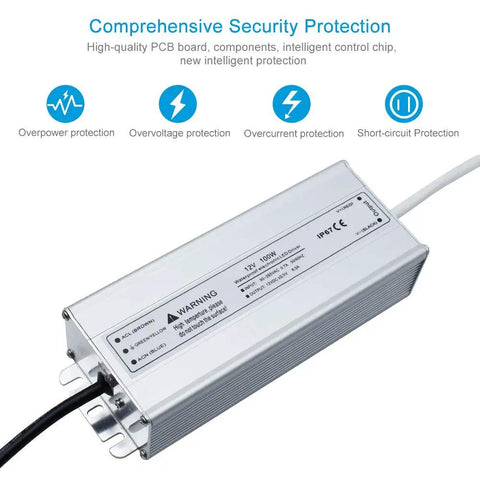 All Weather 100W 12V DC LED Driver Power Supply IP67 Waterproof Outdoor Transformer with safety icons and features.