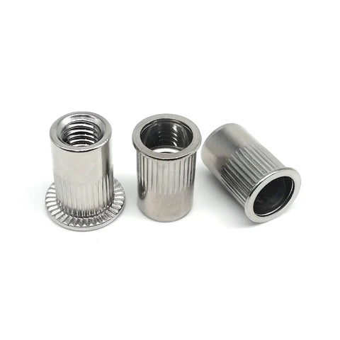 Get Rock Solid 20 Flat Head Threaded Insert Nuts Made From Zinc Plated Steel With Knurled Body To Stop Spinning And Keep Your Projects Secure For Any Heavy Duty DIY Build Or Auto Repair Job You Are Running Around, showing three rivet nuts.
