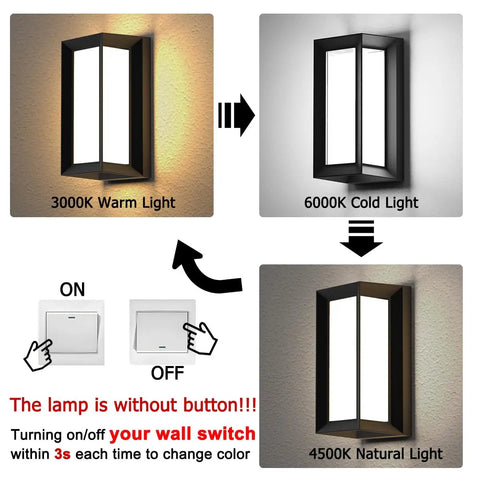 Outdoor Wall Porch Light Modern Exterior LED Sconce 24W with 3 color temperatures shown: warm, cold, and natural lighting options.