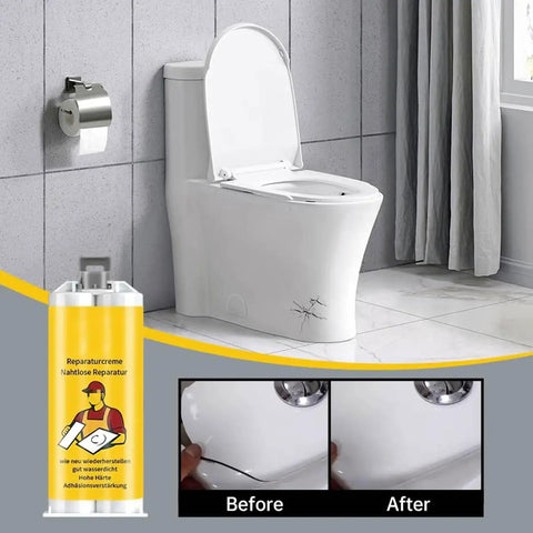 Fast Drying Tile Repair Glue Kit For Cracks And Chips On Tile Stone Porcelain Countertops And Bathtubs DIY Friendly With 8 Pigment Blend To Match Surfaces Strong Bond That Stands Up To Heavy Foot Traffic Complete 3 Piece Kit image showing toilet repair before and after