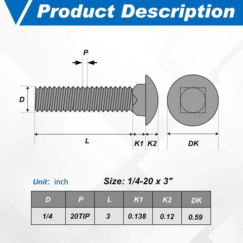 Technical drawing of Stainless Steel Carriage Bolt Kit 50 Sets One Quarter Twenty Thread Three Inch Round Head Square Neck Bolts