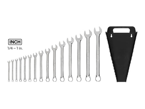 Beefy 15 Piece SAE Combination Wrench Set With Angled Open End For Tight Spaces 1/4 Inch To 1 Inch Sizes Plus Holder Shop Ready Gear