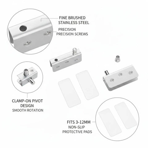 Stainless Steel Clamp On Glass Door Hinges For Shower Enclosures And Cabinets, showing no drill pivot hardware, fits 3mm-12mm glass