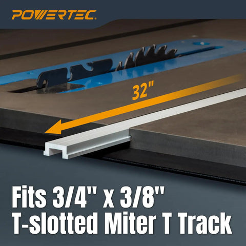 Close-up of 32-Inch Table Saw Miter T Track Kit With T Bar, Five T Knobs And Ten 1/4-Inch 20 Bolts on a saw table.